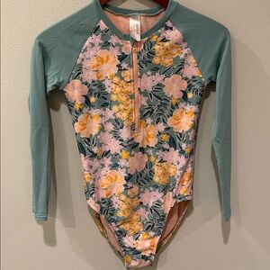 Cat & Jack Floral Long Sleeve Front Zip Swimsuit